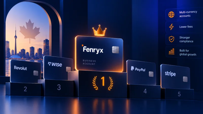 Business payment cards arranged on comparison podiums against a city skyline.