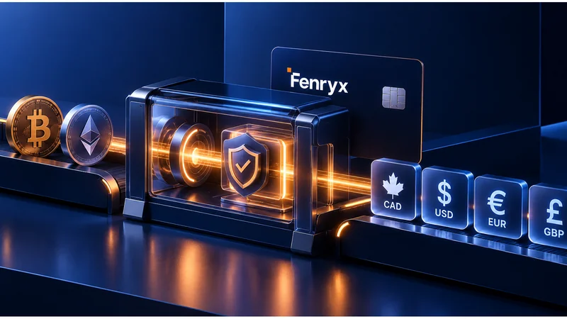A transparent secure vault beside a Bitcoin coin and business payment cards.