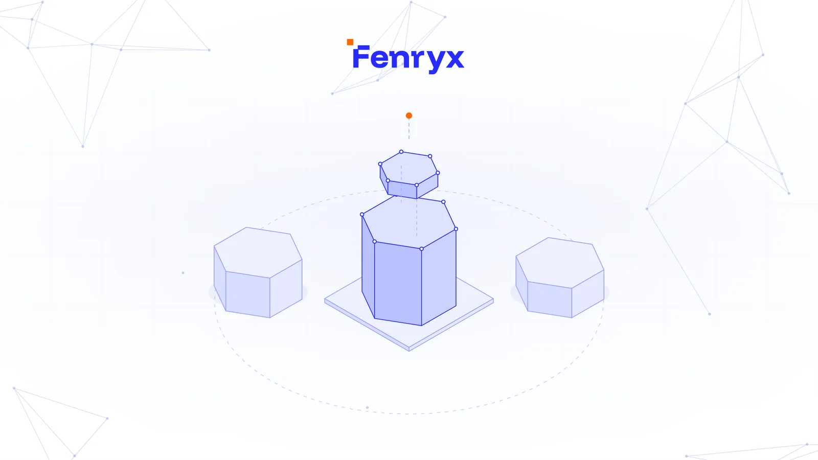 Isometric illustration of a tall blue hexagonal prism with a separate lid, flanked by two flat hexagons inside a dotted ellipse.