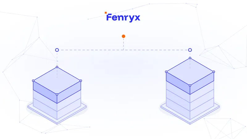 Isometric illustration of two identical layered blue platforms placed side by side and joined by a dashed line above them.