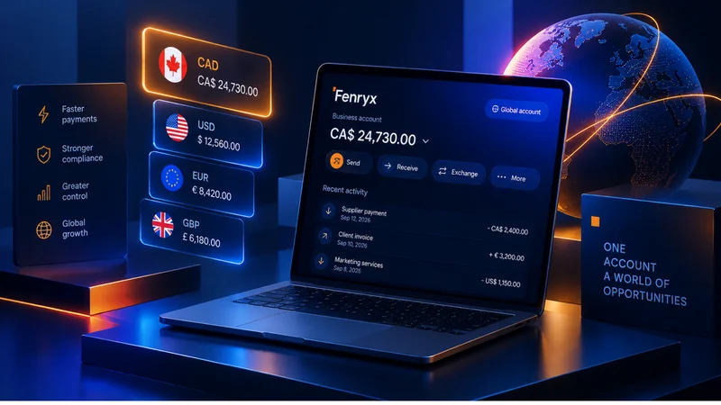 A laptop and floating account panels displaying balances and currency options.