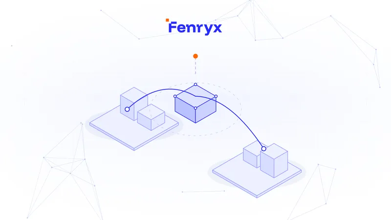 Isometric illustration of two separate platforms holding cubes, linked by a long curving line with a cube lifted between them.