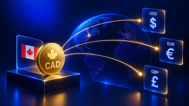 A Canadian dollar coin connected across a globe to US dollar, euro and pound cards.