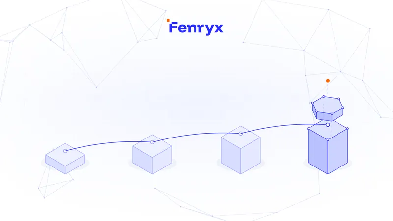 Isometric illustration of blue blocks rising in sequence along a curved path, ending in a taller block with a hexagonal top.