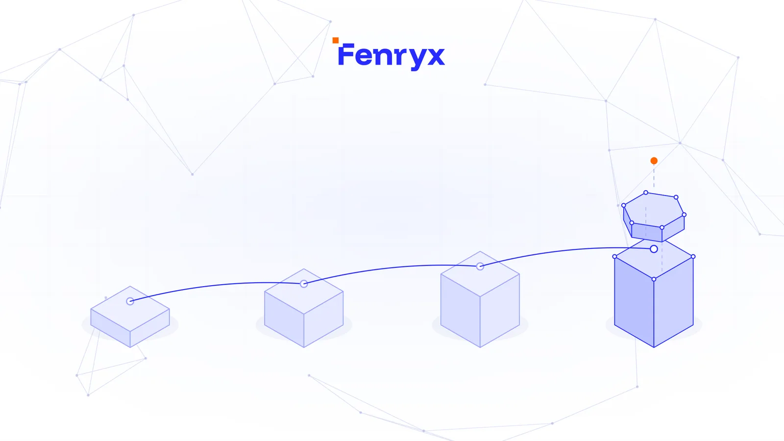 Isometric illustration of blue blocks rising in sequence along a curved path, ending in a taller block with a hexagonal top.