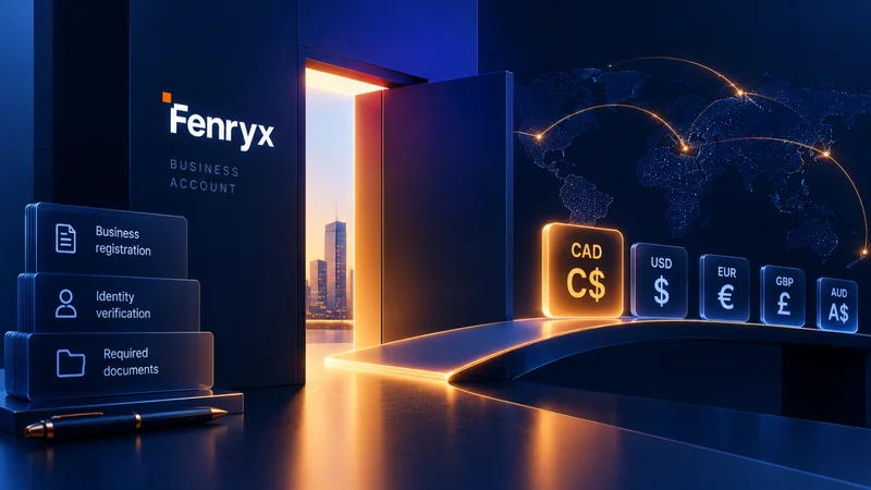 An open illuminated doorway beside an account setup checklist and currency cards.