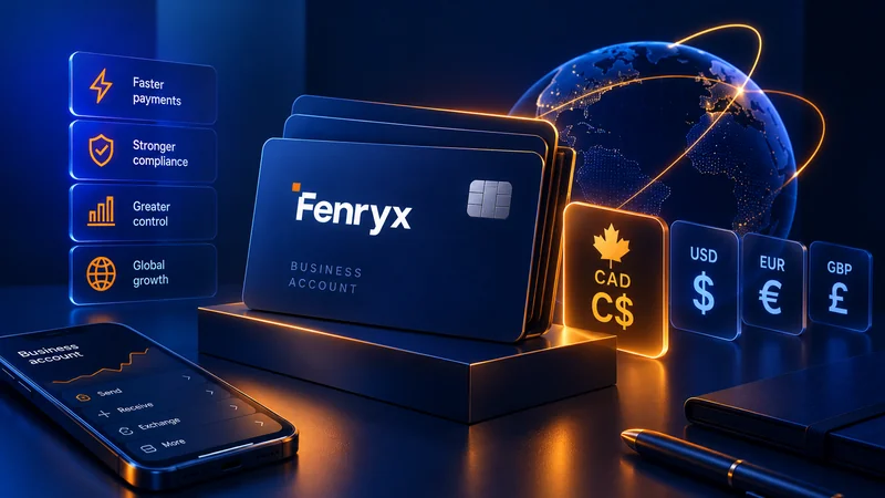 A business payment card beside a phone, currency symbols and a connected globe.