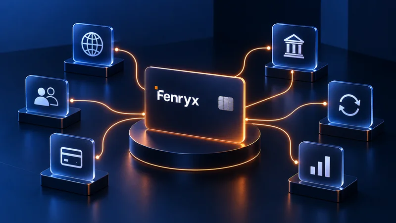 A business payment card surrounded by connected banking, security and payment icons.
