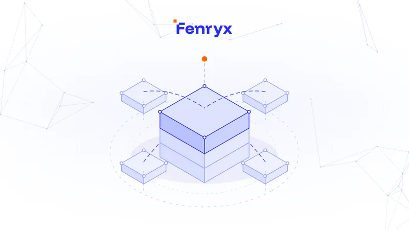 Isometric illustration of a central layered blue block surrounded by four smaller tiles connected to it by dashed lines.