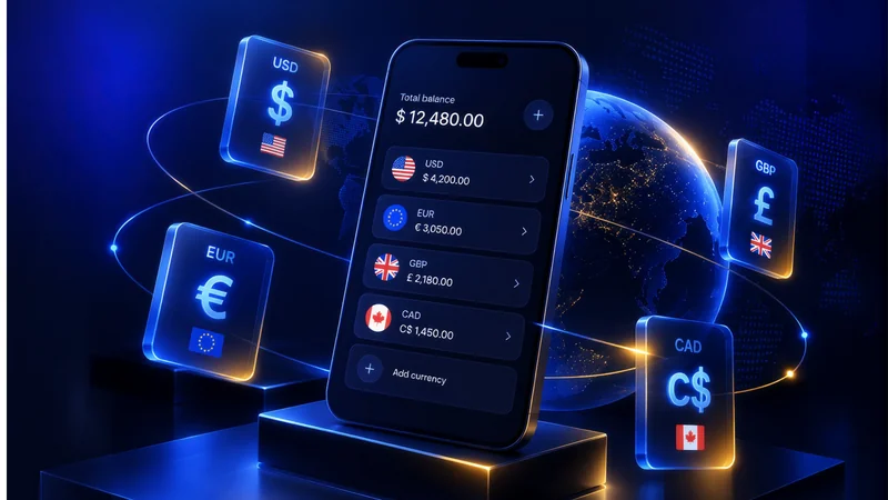 A mobile account surrounded by dollar, euro and pound cards in front of a globe.